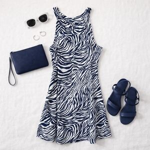 Jude Connally BETH Navy Blue White Zebra Print Sleeveless Stretch Dress Ladies L